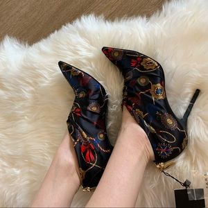 Zara Black Scarf Print Satin Bootie Heels